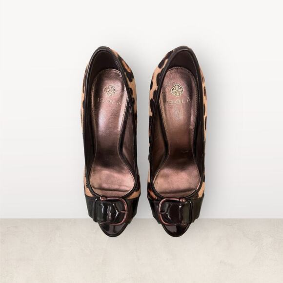 Isola Cheetah Pattern (Dyed Horse Hair) Buckle Open Toe Black Heels 9M - Picture 1 of 10